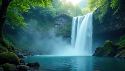 Waterfall cascades behind falling waterfalls veil of mist, nature, veil