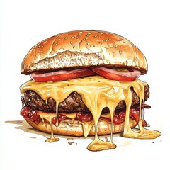 Mouthwatering cheeseburger with gooey cheese, fresh tomato slices, and a sesame seed bun on vibrant background