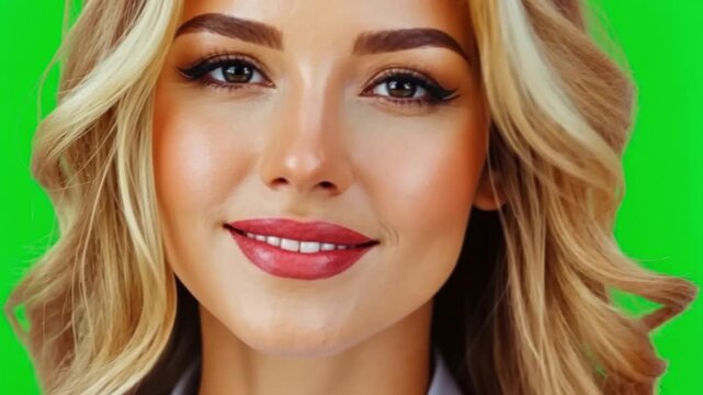 Radiant Blonde Woman: Close-up portrait of a beautiful young woman with long blonde wavy hair, captivating smile, and radiant complexion against a green screen.  Perfect for beauty, fashion.