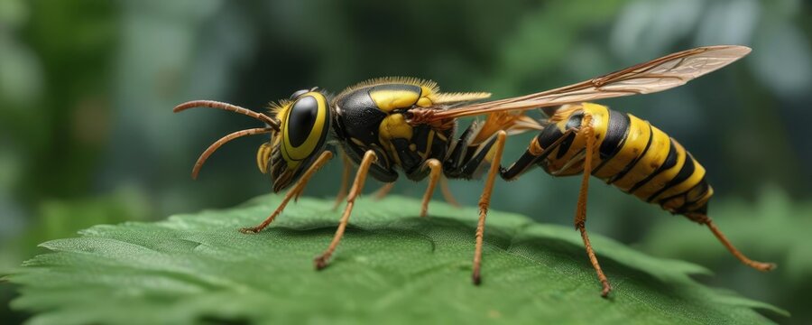 wasp perched on a green leaf with long ovipositor protruding, green leaf, entomology, creature