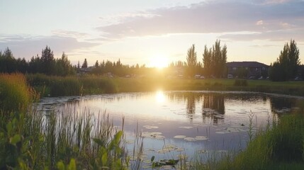 Fototapeta premium Serene Sunset Over Pond and Residential Area