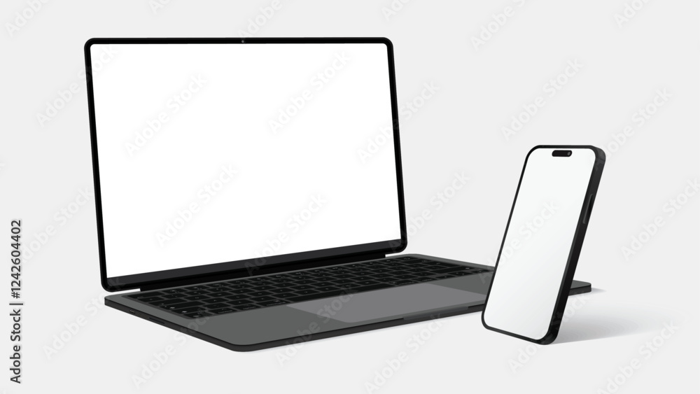 Poster smartphone and laptop computer mockup | perspective side view | isolated on white background | vecto