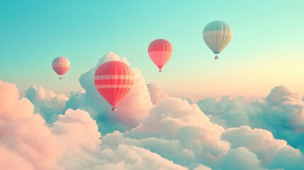 Obraz premium Hot air balloons soar above fluffy clouds at sunrise; idyllic travel scene