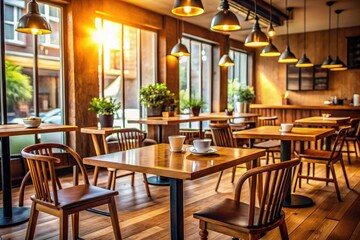 Fototapeta premium Warmly lit coffee shop with wooden tables and comfortable chairs, ambiance, cafe, atmosphere