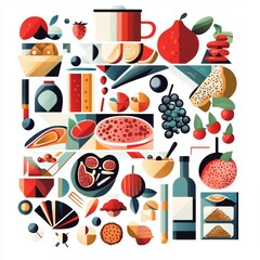Colorful Abstract Composition of Various Food Items, Fruits, Vegetables, and Kitchen Utensils in Geometric Style