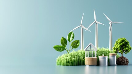 Isometric green tech 3D concept. Sustainable energy concept featuring wind turbines, greenery, and eco-friendly elements on a light blue background.