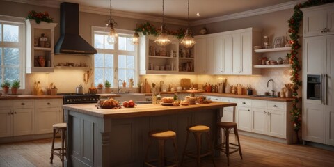 Warm Christmas kitchen with festive decorations and baked treats, Christmas kitchen, warm lighting