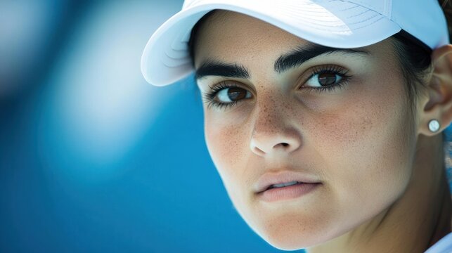 Focused female tennis player, court background, intense gaze, advertising