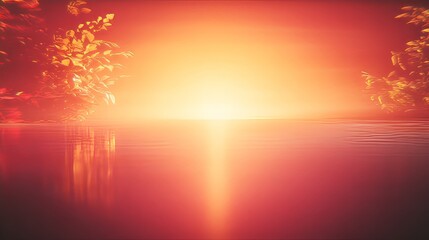 Fototapeta premium Serene Sunset Reflection in Still Water with Lush Foliage