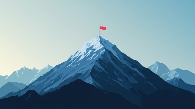 Reaching the Summit: A red flag proudly waves atop a snow-capped mountain peak, a symbolic representation of ambition, perseverance, and the attainment of lofty goals.