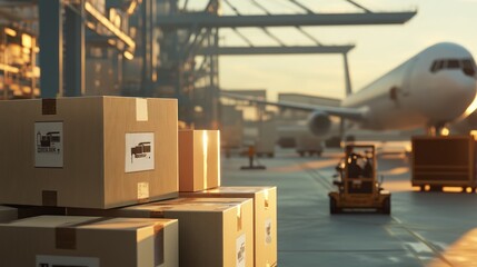 Airport cargo boxes sunrise loading logistics