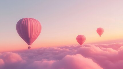 Fototapeta premium Pink hot air balloons soar above sunset cloudscape