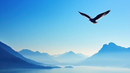 Naklejka premium Majestic bird soaring above serene mountain lake, freedom concept