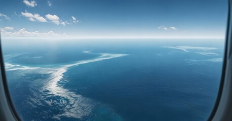 View of a vast blue ocean from an airplane window , aerial perspective, vast ocean, plane view