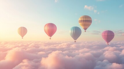 Fototapeta premium Colorful hot air balloons soar above pastel clouds at sunrise; travel, freedom concept (1)