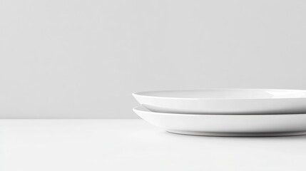 Fototapeta premium Stacked white plates on table, minimalist background, food photography, menu design