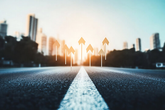 Photo asphalt road symbolism, featuring a long, asphalted road with upward arrows, symbolizes growth, development, success, and is perfect for themes of progress, ambition, and continuous improvement.