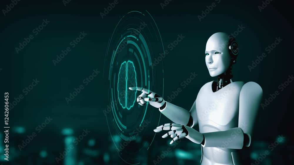 Poster ai robot huminoid uses cloud computing technology to store data on online server . futuristic concep