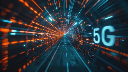 An abstract digital representation of a high-speed network, highlighting "5G" technology with vibrant orange and blue streaks symbolizing data flow.