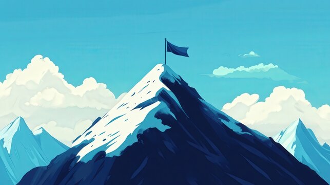 Summit Success: A stylized illustration of a snow-capped mountain peak with a flag planted at its summit, symbolizing achievement and reaching the top.  