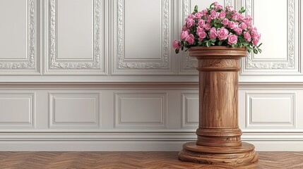 Pink roses on pedestal, ornate wall, wooden floor, interior design