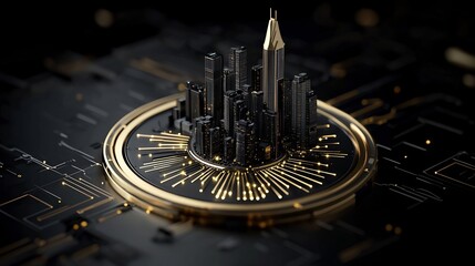 Futuristic Cityscape on Circuit Board; Tech Innovation