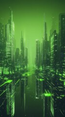 Fototapeta premium Futuristic Green Cityscape Illuminated At Night