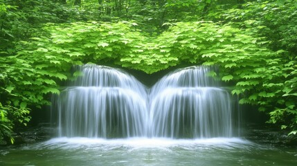 Fototapeta premium Serene Twin Waterfall Cascading Through Lush Green Foliage