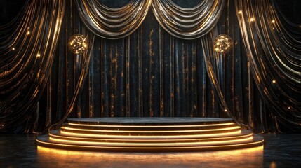 A podium on a stage with a velvet curtain backdrop and golden trim