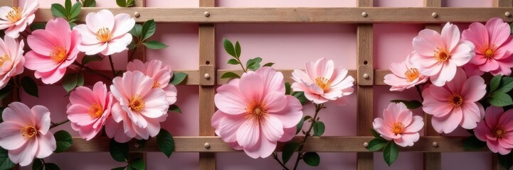 Pastel pink flower garland on a wooden trellis, pink, earthy feel