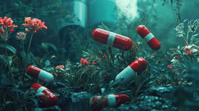 Pills Scattered Amidst Lush Green Foliage and Flowers
