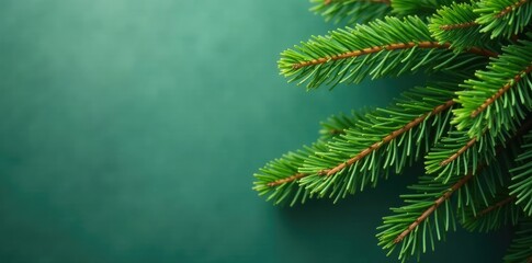 Evergreen fir tree with dense green needles and needle-shaped leaves on a muted background, fir trees, evergreen leaves, leafy greens