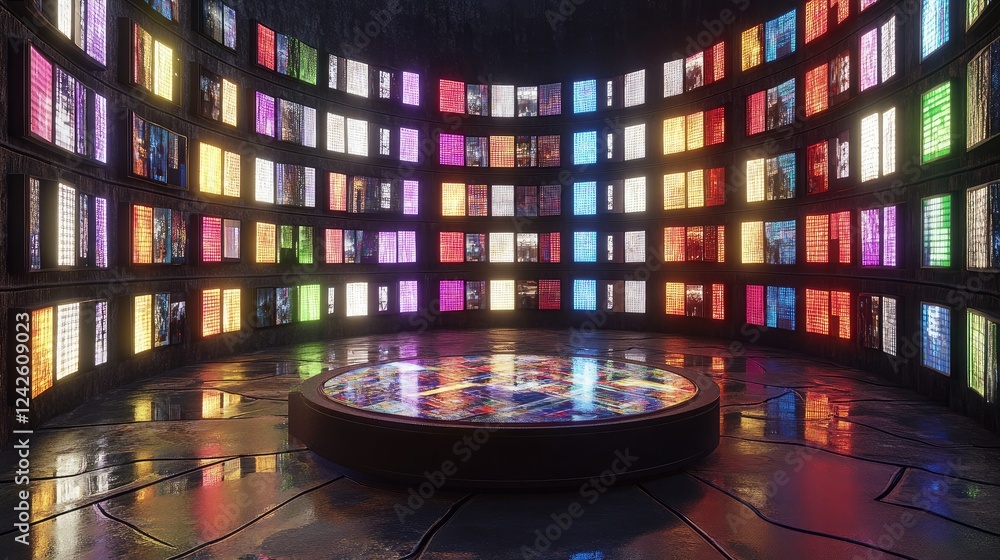 Poster a podium with modern led screens on its surface in a futuristic setting