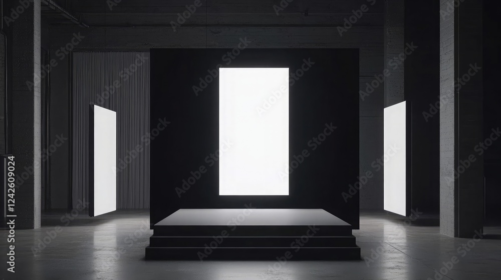Poster a podium with modern led screens on its surface in a futuristic setting