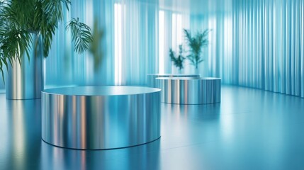 A podium with polished metal details in a modern business event setup