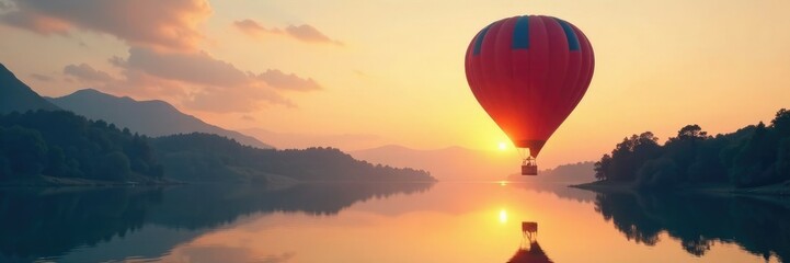 Air balloon suspended high above a serene lake at dawn, nature scenes, tranquil atmosphere