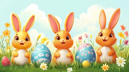 Obraz premium Three easter bunnies celebrating easter with decorated eggs in a flower field