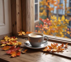 Fototapeta premium Wooden windowsill with a small cup of coffee and a few fallen leaves, peaceful ambiance , cozy atmosphere