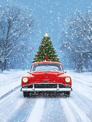 Red Classic Car Christmas Tree Transport - A classic red car carries a decorated Christmas tree down a snowy road. Winter wonderland scene.