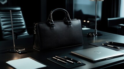 A sleek leather briefcase on a modern desk with a laptop, a pen, and a notebook neatly arranged