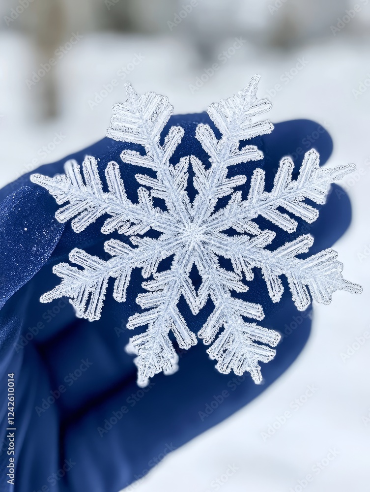 Poster intricate snowflake in winter - a close-up shot of a delicate snowflake resting on a navy blue glove