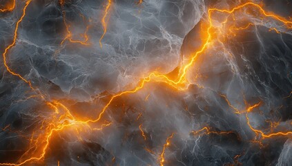 Abstract Energy Flow: An abstract digital art image showcasing a dynamic flow of energy, depicted as vibrant orange lightning streaks across a dark gray cloud-like backdrop.