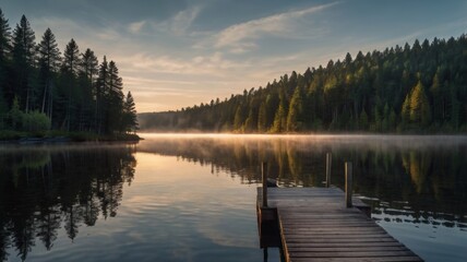 Obraz premium Serene Sunrise Over Misty Lake and Wooden Dock