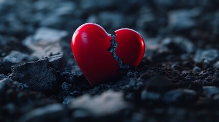 Fototapeta premium Broken Heart on Dark Ground High Depth of Field - A cracked red heart rests on dark soil, symbolizing heartbreak, loss, pain, vulnerability, and the fragility of love.