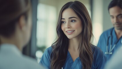 Fototapeta premium Compassionate Healthcare: A young female doctor, radiating warmth and empathy, engages in a conversation with her colleagues.
