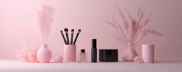 Luxurious flat lay of professional makeup tools, elegant vases, and soft pink decor. This serene arrangement showcases beauty products and floral elements in stylish setting