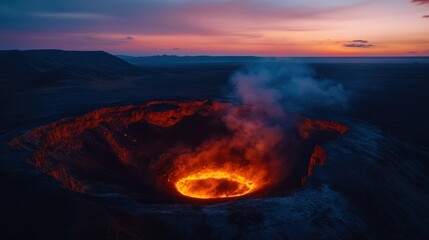 Fiery Sunset over Volcanic Crater: A Breathtaking Aerial View of Erupting Lava