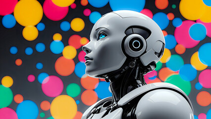 Beautiful white robot looking up at colorful bubbles in dark background. Concept of new idea or innovation.