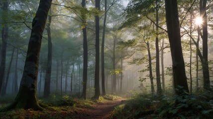Obraz premium Sunlit Path Through Misty Forest: An Enchanting Woodland Scene