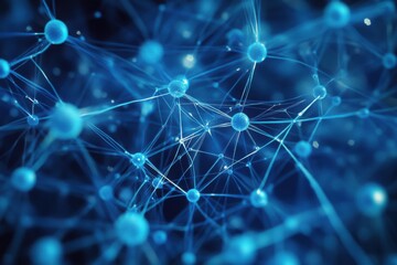 A vibrant, abstract representation of interconnected nodes and connections, depicting a network of particles in a blue color scheme.